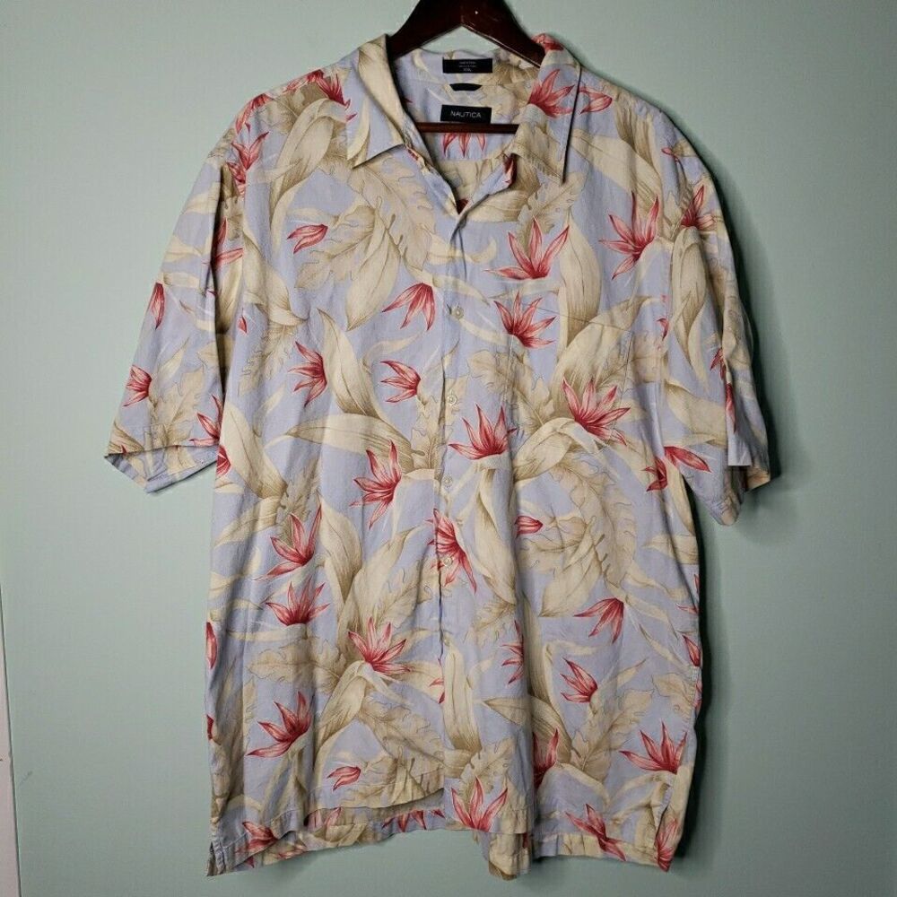 Vtg Nautica Mens Hawaiian Shirt 90s Tropical Floral Button Up Short Sleeve XXL